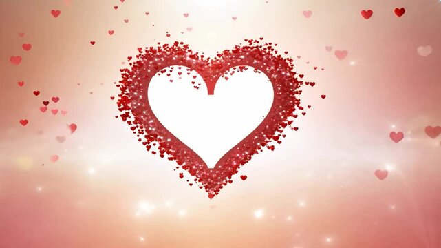 Czerwone serca w formie cząsteczek układają się w jedno duże serce, symbolizując miłość i zjednoczenie, idealne na Walentynki.
