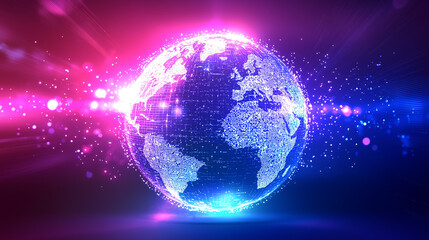Fototapeta premium A glowing digital Earth representation. Network connections and data points illuminate a futuristic globe, symbolizing global connectivity and technological advancement