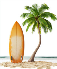 Surfboard on beach isolated on white background