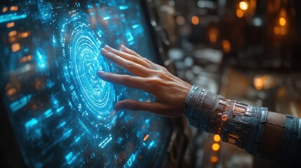 Futuristic hand interacting with a holographic interface.