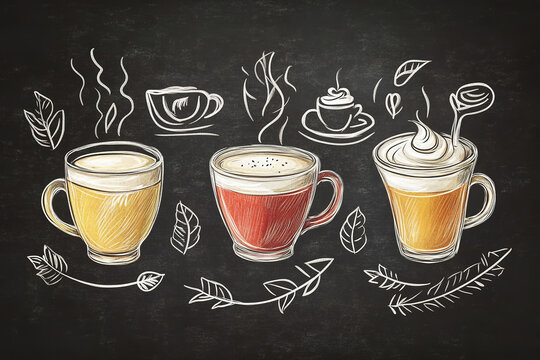 The image features a chalkboard-like background with three glasses of coffee