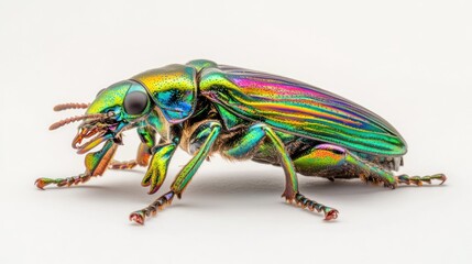 Fototapeta premium Vibrant iridescent beetle isolated on white background, showcasing intricate details and metallic colors.