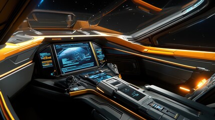 Futuristic spaceship cockpit interior with glowing orange and blue accents, detailed dashboard and controls.