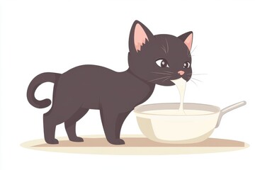 A playful black cartoon cat happily drinking milk from a bowl, showcasing its adorable features.
