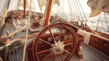 Close-up of a classic wooden sailboat's helm, showing nautical details and the ocean in the background.