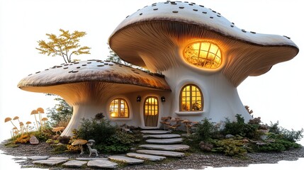 House made of colorful mushrooms glowing on white