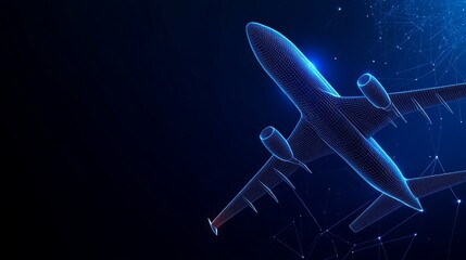 3D abstract airplane wireframe vector Airliner on blue background Low poly mesh of dots lines and glowing stars for travel concept