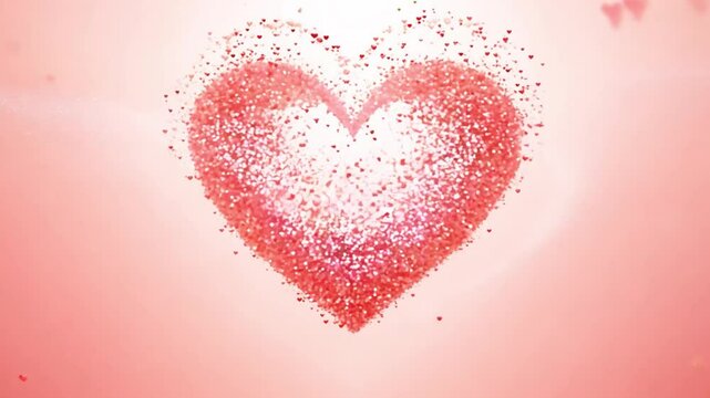 Czerwone serca w formie cząsteczek układają się w jedno duże serce, symbolizując miłość i zjednoczenie, idealne na Walentynki.
