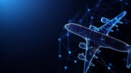 3D abstract airplane wireframe vector Airliner on blue background Low poly mesh of dots lines and glowing stars for travel concept