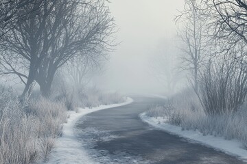 Obraz premium Foggy winter road with a winding asphalt path disappearing into the mist.
