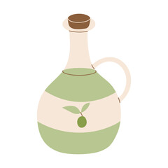 A green bottle with a cork stopper and a leaf on it. The bottle is filled with olive oil