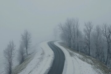 Obraz premium Foggy winter road with a winding asphalt path disappearing into the mist.