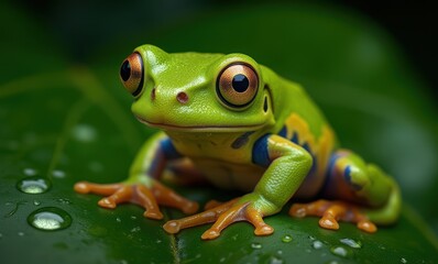 Colorful green frog on a leaf