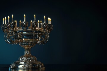 Gold and silver menorah with candles on a deep blue background for an elegant display.