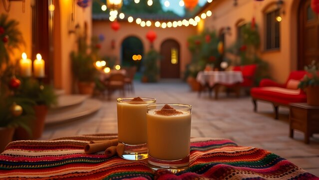 Festive Rompope Eggnog Drinks on Mexican Blanket, Dusk Courtyard Christmas Scene