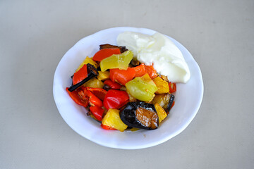 Turkish style mixed vegetable fried with yoghurt (Yogurtlu Karisik Kizartma) Karisik yogurtlama.
