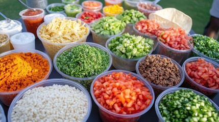 Colorful array of chopped vegetables, herbs, and spices in clear plastic containers, prepared for a meal.
