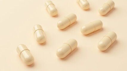 Close-up photograph of a group of white capsules with green caps on a light grey surface.