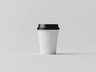white paper cup, black lid, minimalist white background