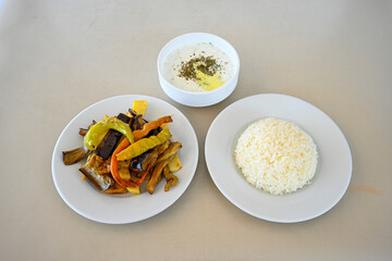 Turkish style mixed vegetable fried with yoghurt (Yogurtlu Karisik Kizartma) Karisik yogurtlama.