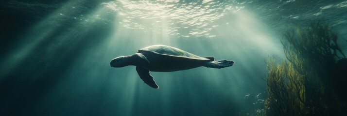 Sea turtle gracefully swimming in sunlit ocean water, near kelp forest.