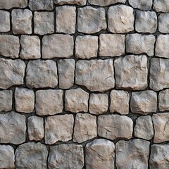 Fototapeta premium A stone wall is displayed with various sized and shaped stones, showcasing earthy tones and textures. The arrangement highlights natural imperfections in the materials