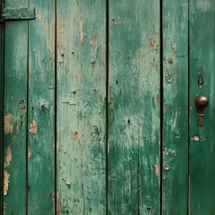 The green door displays signs of age with peeling paint and scuffs, set against a backdrop of textured wooden panels. This rustic feature adds character to the space