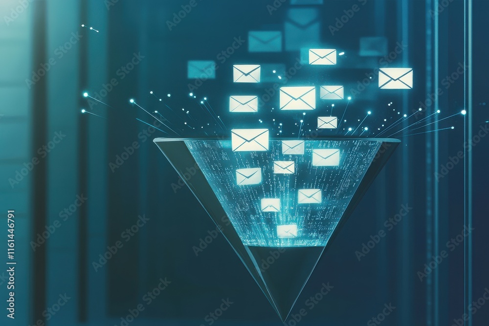Poster digital concept of email communication with floating messages and a futuristic triangle design.
