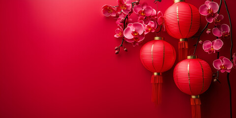 Chinese new year celebration, orchid flower, red china lantern, red background, room for text