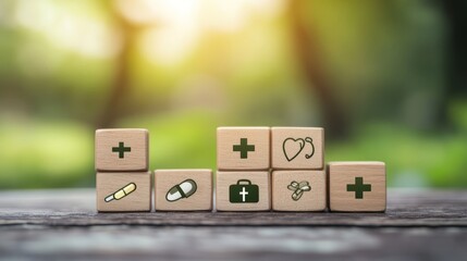 Health insurance and medical care concept.  A set of wooden blocks displaying health-related icons, medical care, health insurance, and medication.  healthcare services, protection, insurance coverage