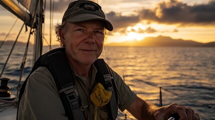 Obraz premium Smiling sailor on sailboat at sunset.