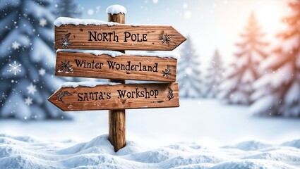 A wooden signpost in a snowy landscape points to North Pole, Winter Wonderland, and Santa's Workshop. Frosted evergreens and falling snowflakes complete the scene.
