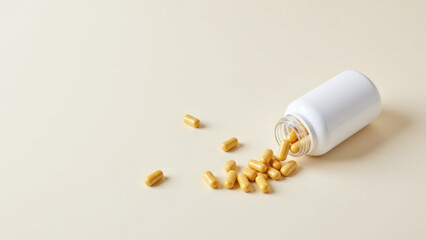 An open white pill bottle with yellowish capsules spilling out onto a flat surface.