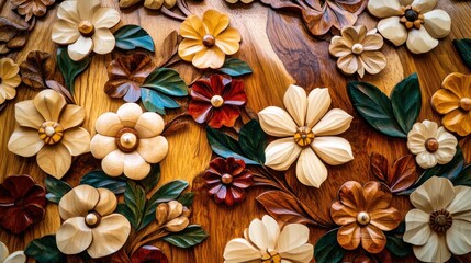 Intricate wooden floral carving artwork on rich wood background.