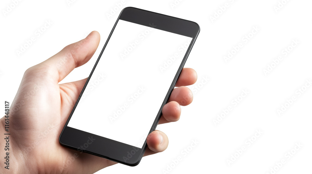 Poster blank smartphone screen held by hand, minimalist design, transparent background for easy editing and
