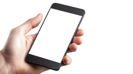 Blank smartphone screen held by hand, minimalist design, transparent background for easy editing and graphic integration