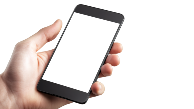 Blank smartphone screen held by hand, minimalist design, transparent background for easy editing and graphic integration