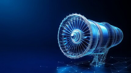 Aircraft turbine with polygonal design of interconnected points and lines Set on a blue background