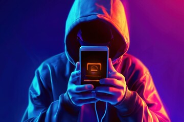 A mysterious figure in a hoodie holds a smartphone, illuminated by vibrant pink and blue lights.