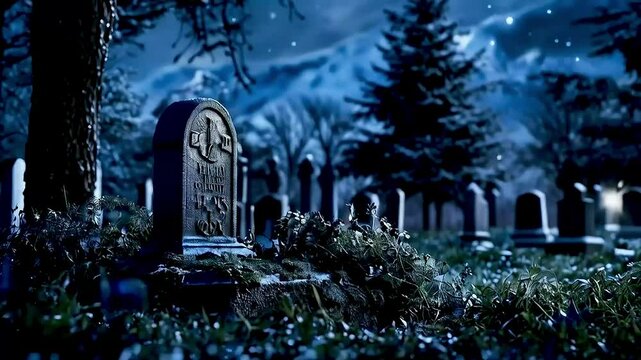 a graveyard  at night
