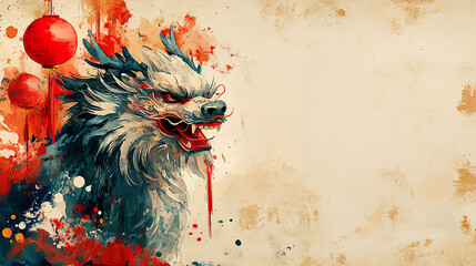 Naklejka premium Blue dragon head with watercolor details and red lanterns, set against a beige background in an artistic splash style. Generated with AI.