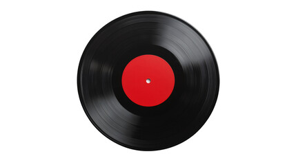 Fototapeta premium Rotating black vinyl record with red label on transparent background, representing music, nostalgia, and vintage audio technology