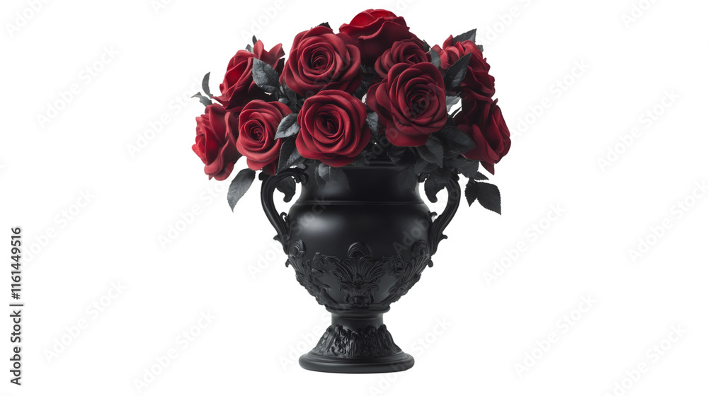 Poster red roses arranged in a black ornate vase, creating a striking contrast against a transparent backgr