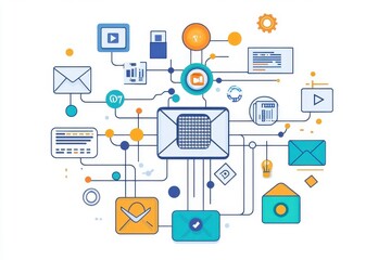A colorful digital illustration showing interconnected communication icons and devices representing technology and networking.