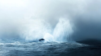 Naklejka premium Whale breaching in misty ocean, creating large spray.