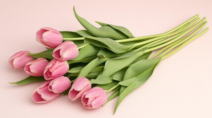 Fototapeta premium Serene Bouquet of Pink Tulips on Pale Pink Background with Soft Shadows and Sharp Focus