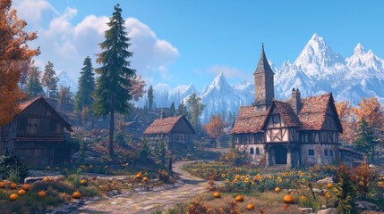 Obraz premium Autumnal village nestled in a mountain valley, pumpkins in foreground, church steeple visible.