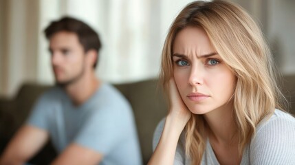 Fototapeta premium Serious sad woman thinking over a problem, man aside, meeting therapist, poor chance of getting pregnant after 40, unmet expectations, unable to handle family finances, interested in different things