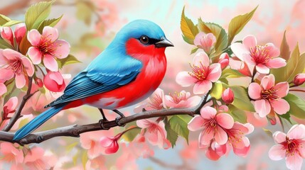 Fototapeta premium Vibrant blue and red bird perched on a blooming cherry branch.