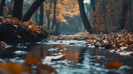 Fototapeta premium Autumn stream in forest with fallen leaves.